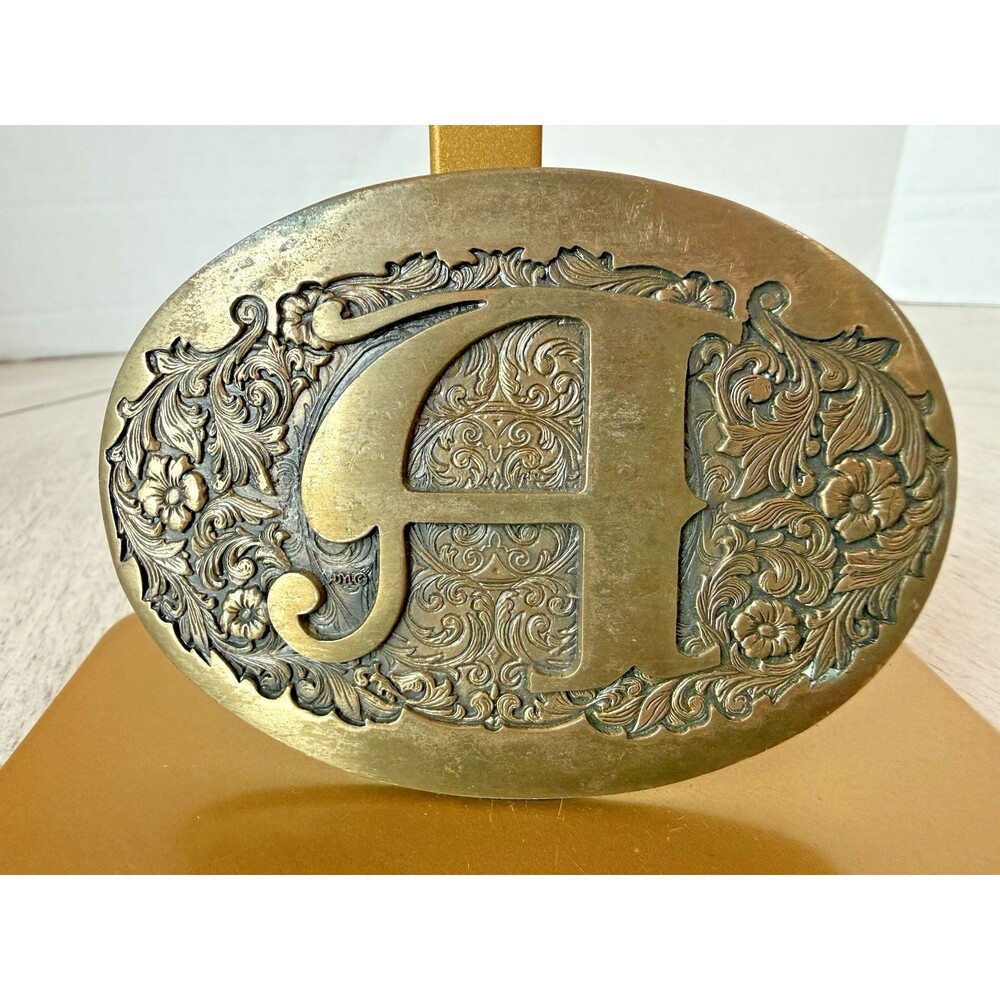 Vintage Award Design Medals Brass ADM Belt Buckle Floral Scrollwork Initial "A"